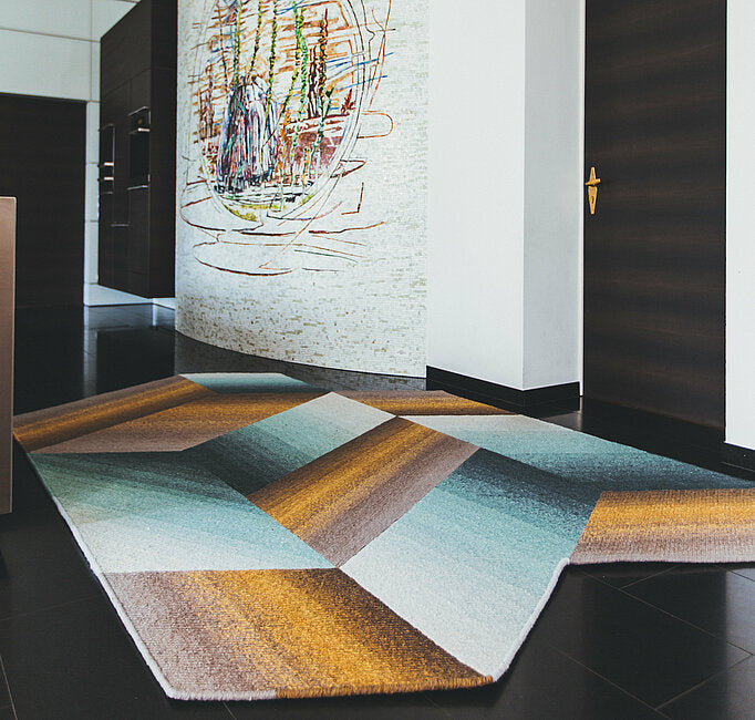 Wollteppich Logenze 30249 türkis-ocker 190 x 303 cm